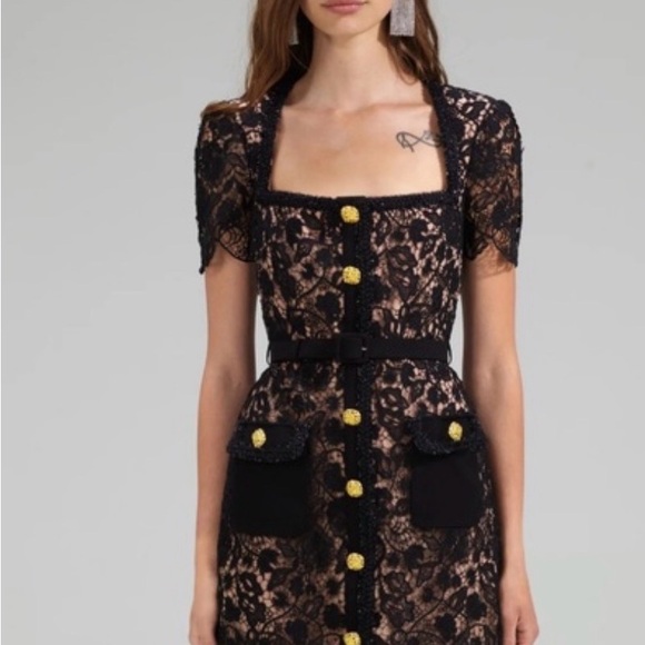 Self-Portrait Black guipure lace mini dress Dress gold buttons -  longdenvai.com